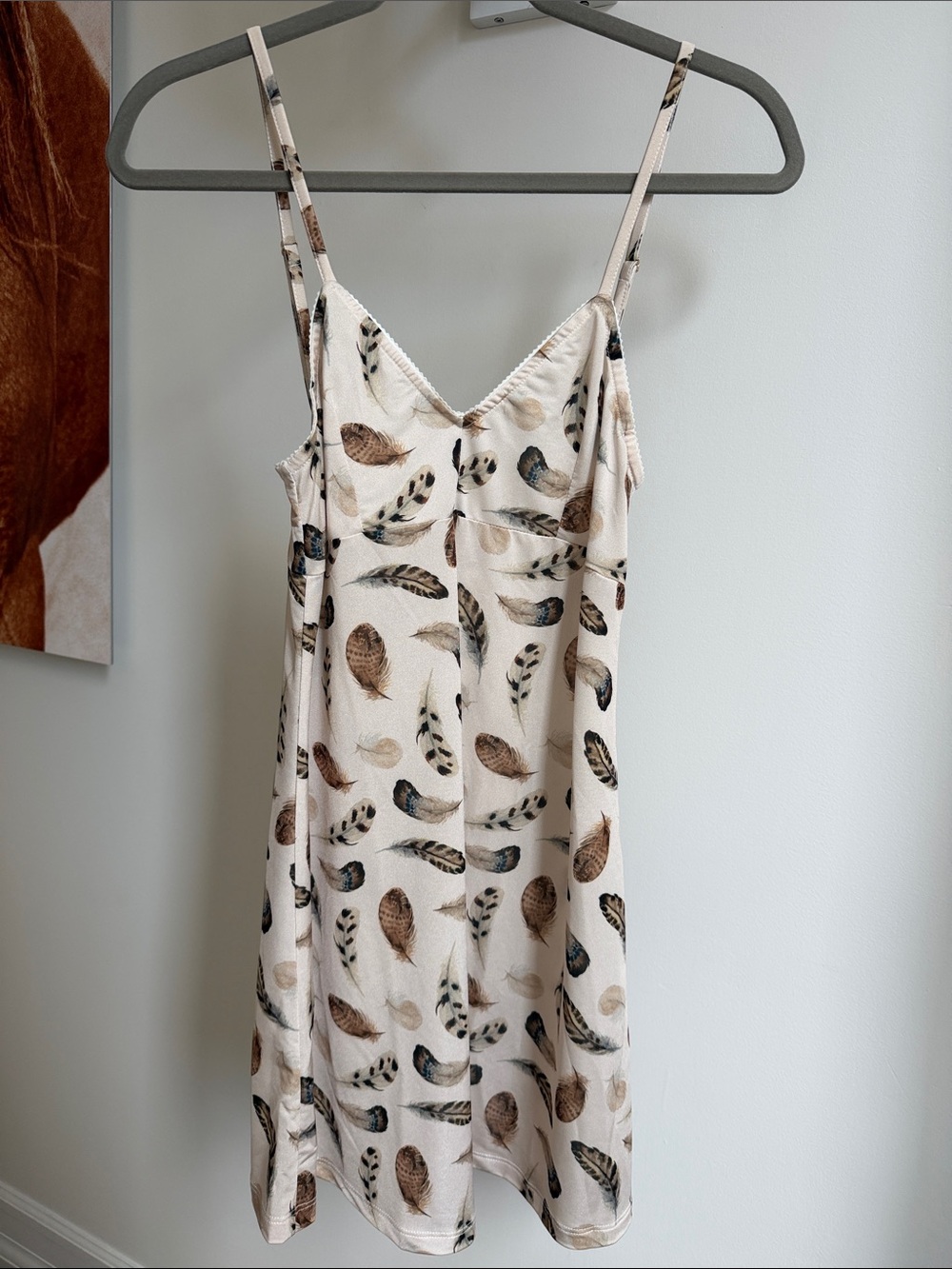 Feather Print Slip Dress in Cream and Brown